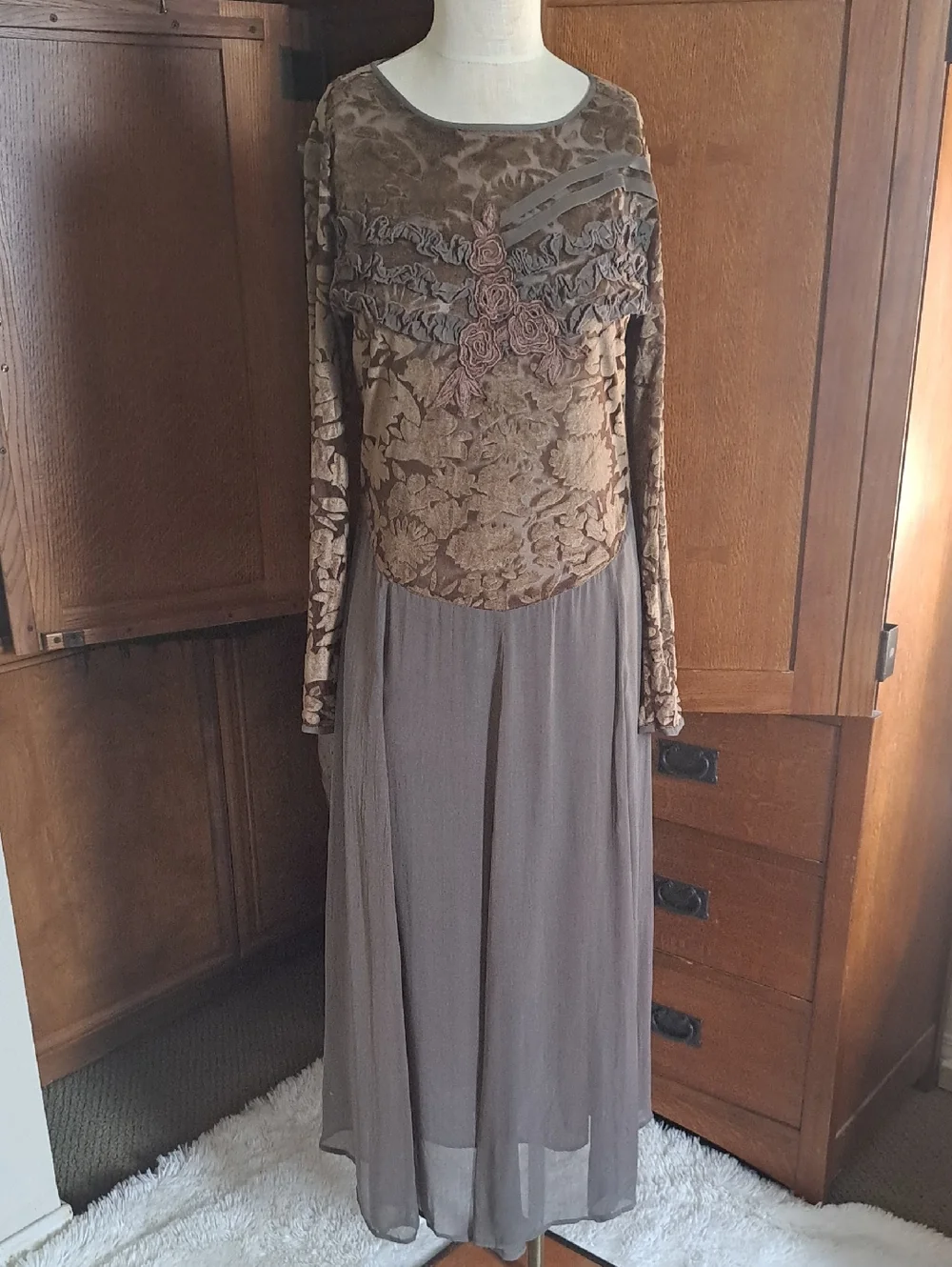 VTG 90s Newport News Whimsigoth Burnout Velvet Floral Applique Maxi Dress Sz 10 - Picture 1 of 13